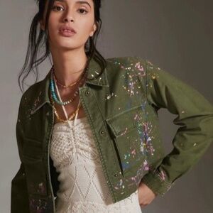 NWT Pilcro Anthropologie Moss Green Paint Splatter Cropped Jacket Raw Hem PL